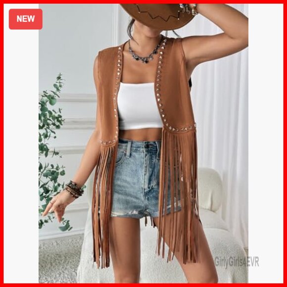 Faux Suede Fringe Vest with Studs, Sleeveless Western Boho Jacket - Picture 4 of 5